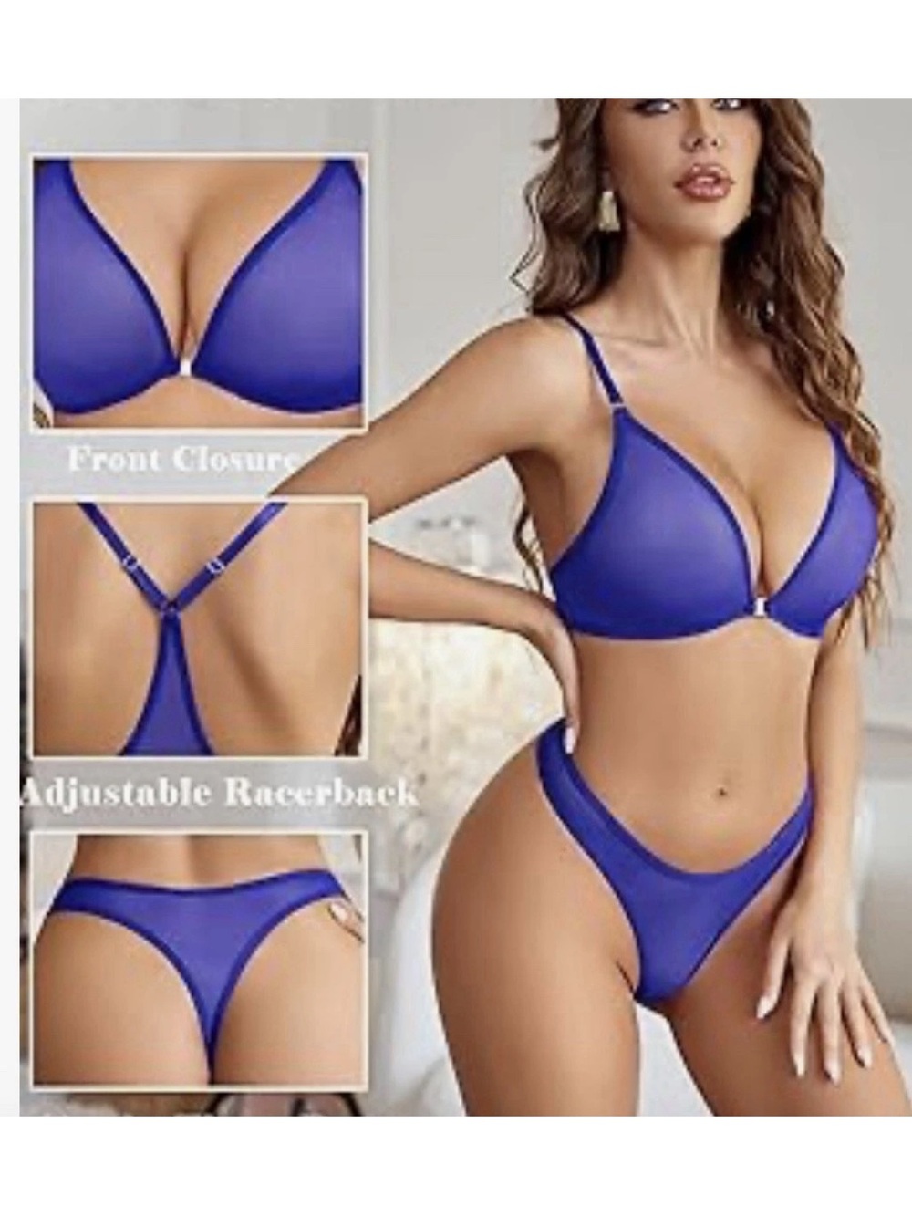 Front-Closure Racerback Push-Up Bra & Thong Set — Purple